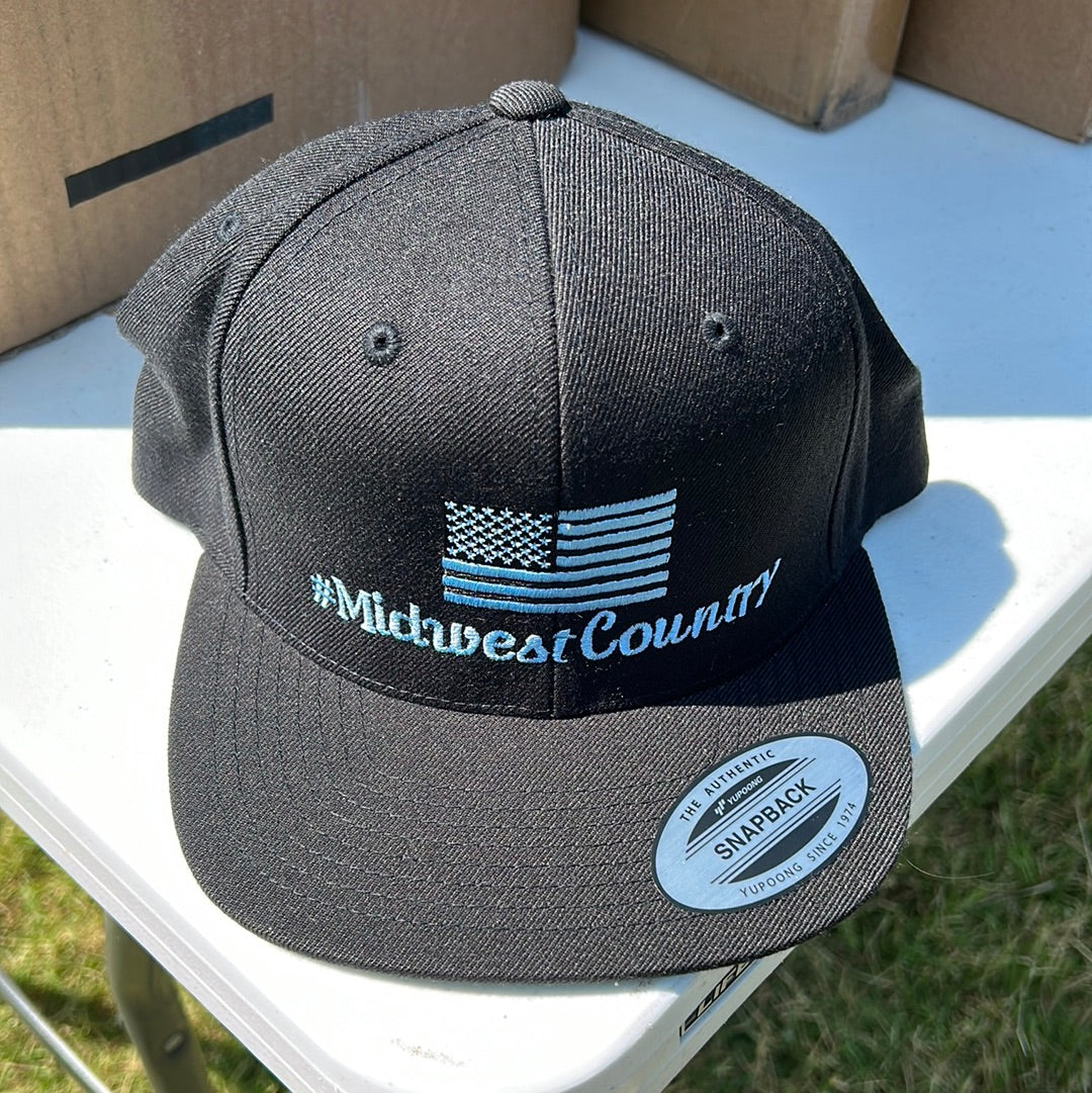 Snapback Flat Bill Hat - Black / #MidwestCountry - Blue