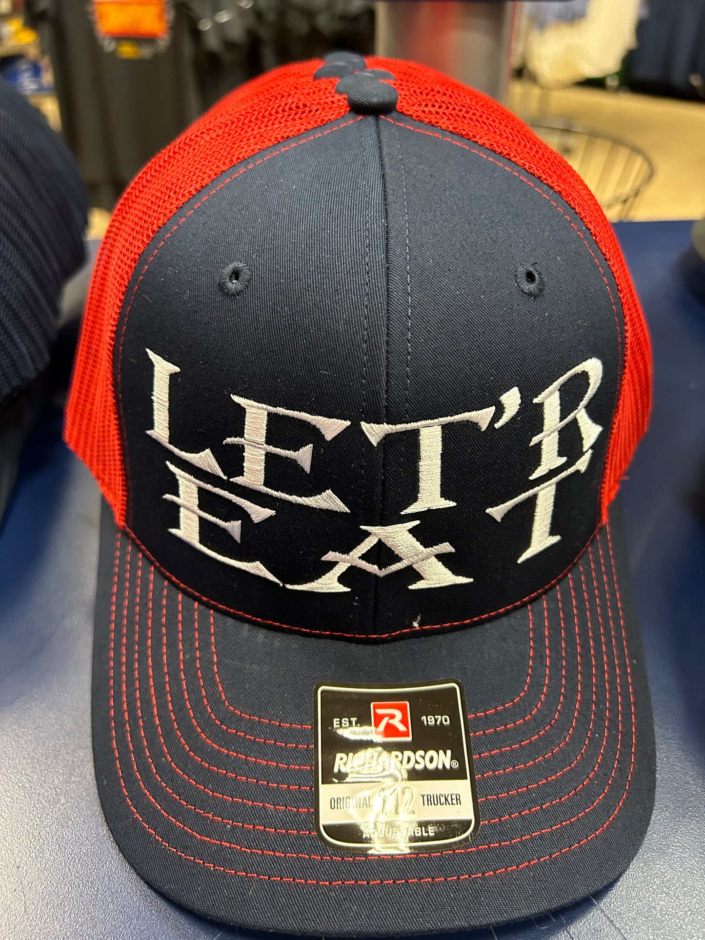 Red and Blue Trucker SnapBack hat - Let’r Eat (White)
